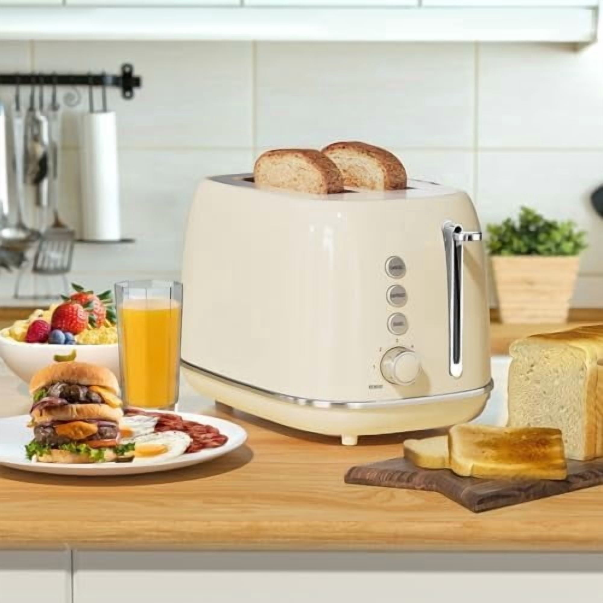 Toasters 2 Slice Retro Stainless Steel Toasters with Bagel, Cancel, Defrost Function and 6 Bread Shade Settings Bagel Toaster, Beige