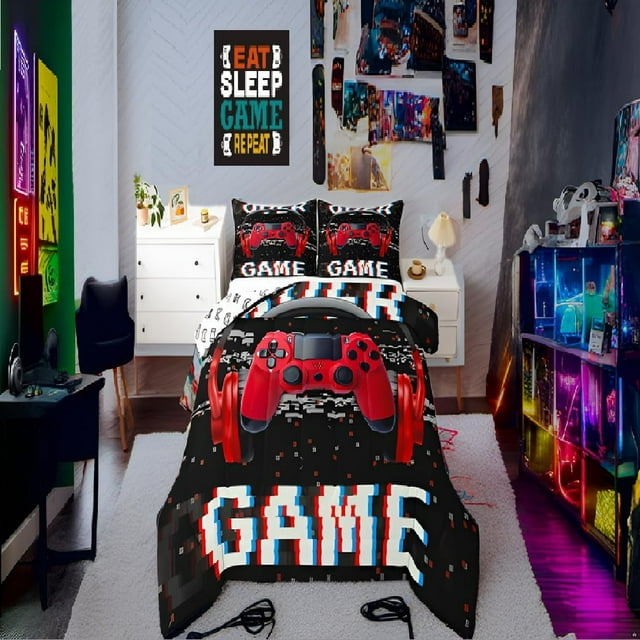Dsseng Moderne Noir Bleu Joystick de Jeu Couettes et Duvets Grand Lit