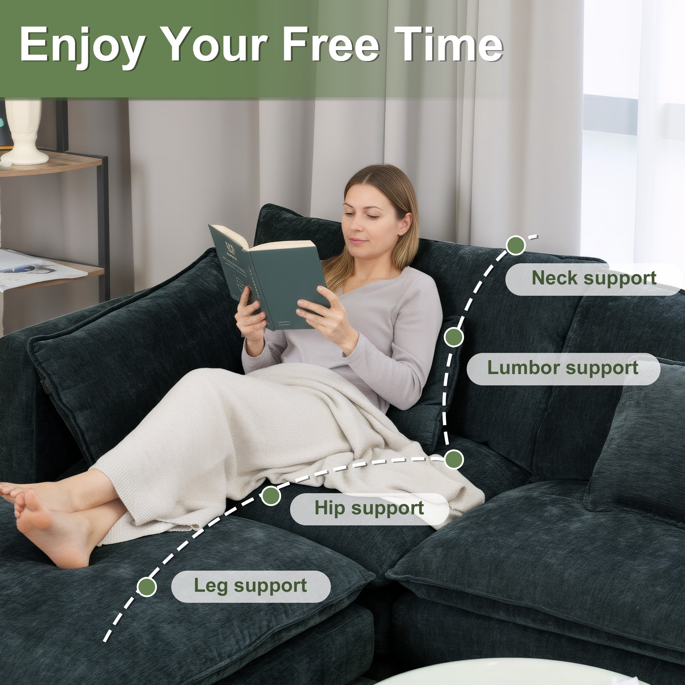 SOULART 144 U Shaped Couch Living Room Furniture - Black-gray Couch Cloud Modular Sectional Sofa with Ottoman, Chenille 6-Seat, Console & Cup Holders