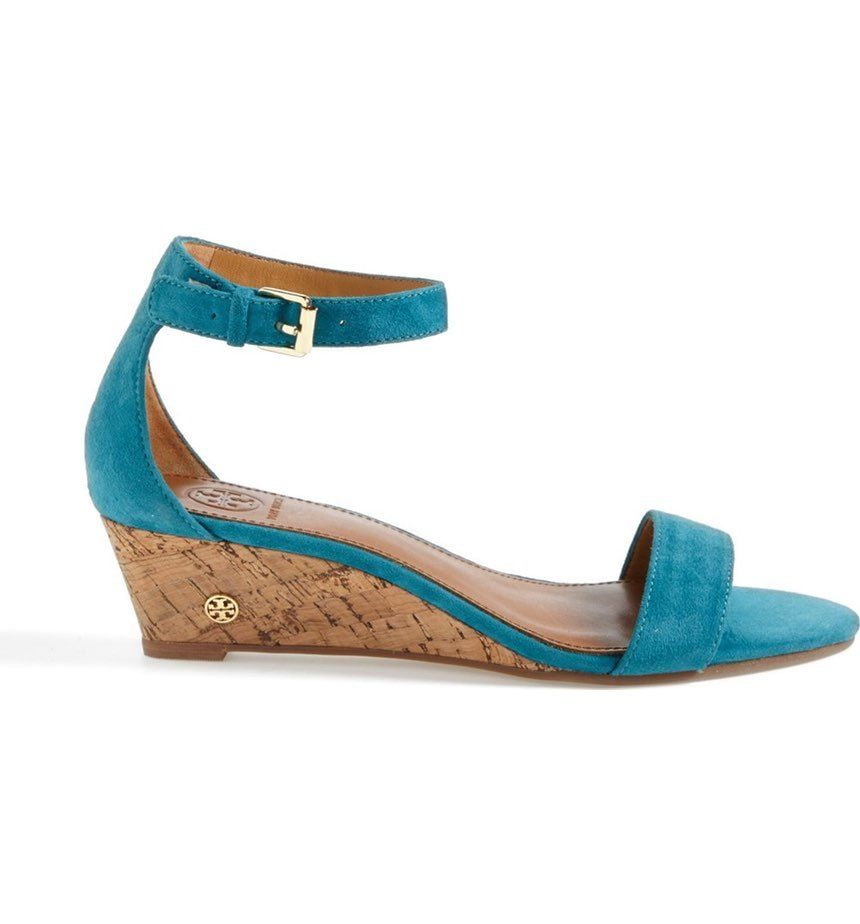 8048-1 Tory Burch Savannah Soho Suede 45MM Wedge Sandal Aquarius Size 5 M $275