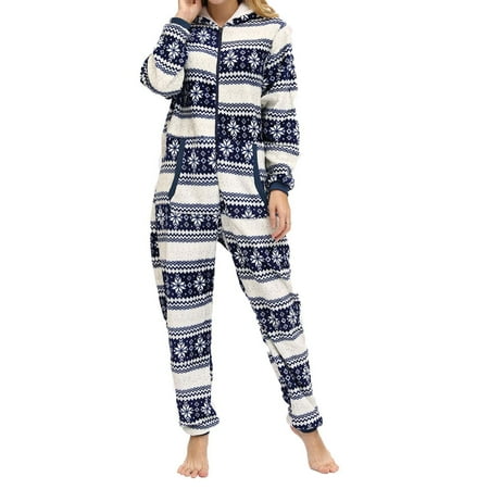 

Women s Hooded Christmas Pajamas Print Warm Fleece Zip Up Long Sleeve Onesie Jumpsuit Casual Soft Sleepwear Romper