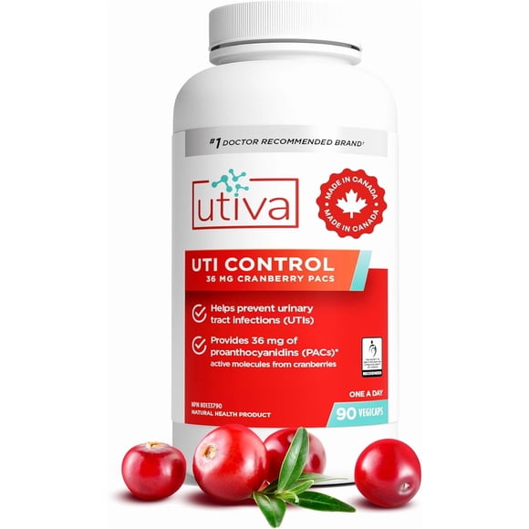 Utiva UTI Control cranberry 36mg PACs—#1 doctor-recommended supplement for UTI prevention. Powerful urinary tract & bladder health support for women and men. 90 veggie capsules. Made in Canada.