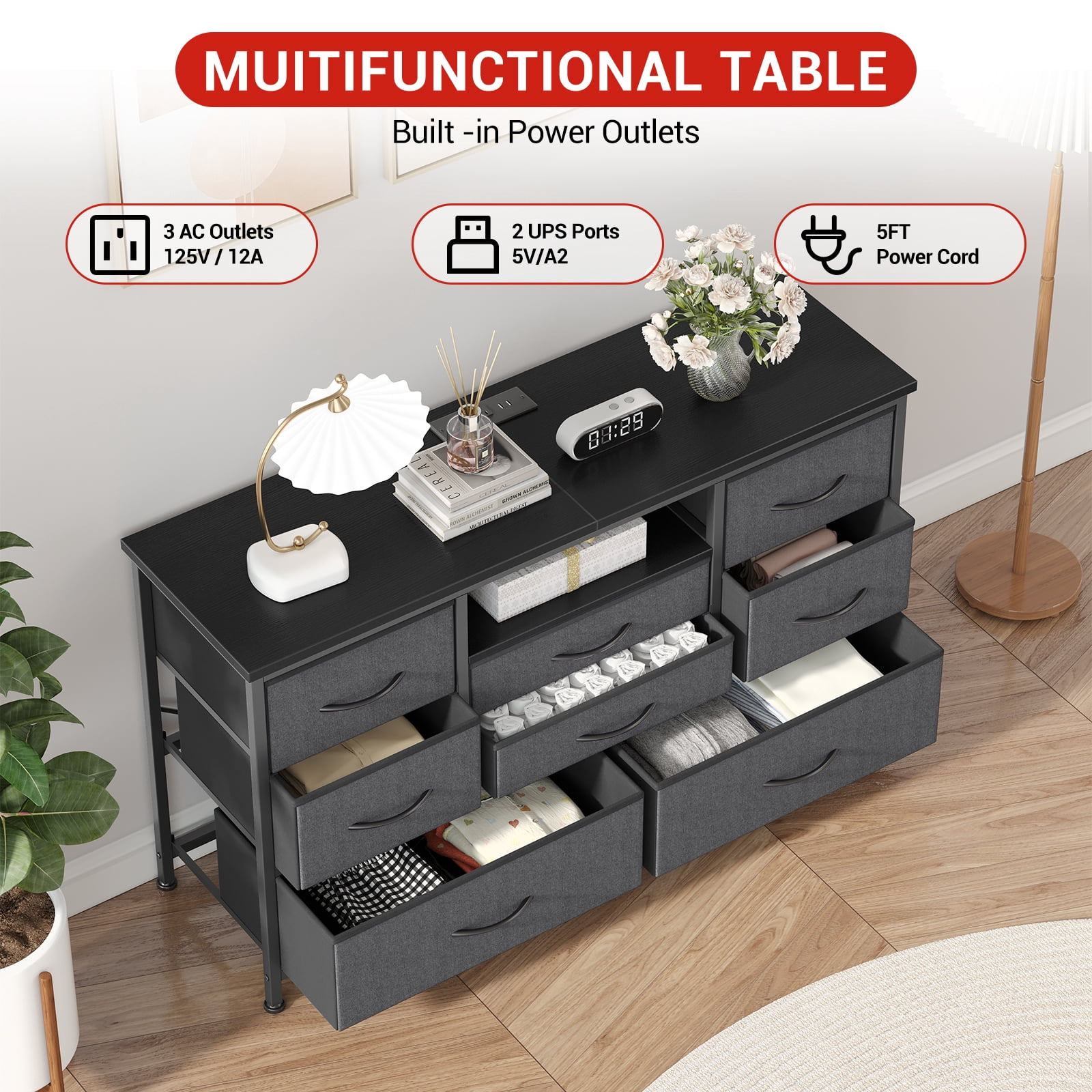 KOKEBREN 47.4"Wide Dressers for Bedroom 8 Fabric Drawers Dresser with LED lights & Power Outlet TV Stand for 55" TV,Gray