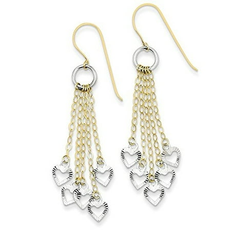 14K Two-Tone Gold Circle with Hearts on Chain Dangle Shepherd Hook Earrings