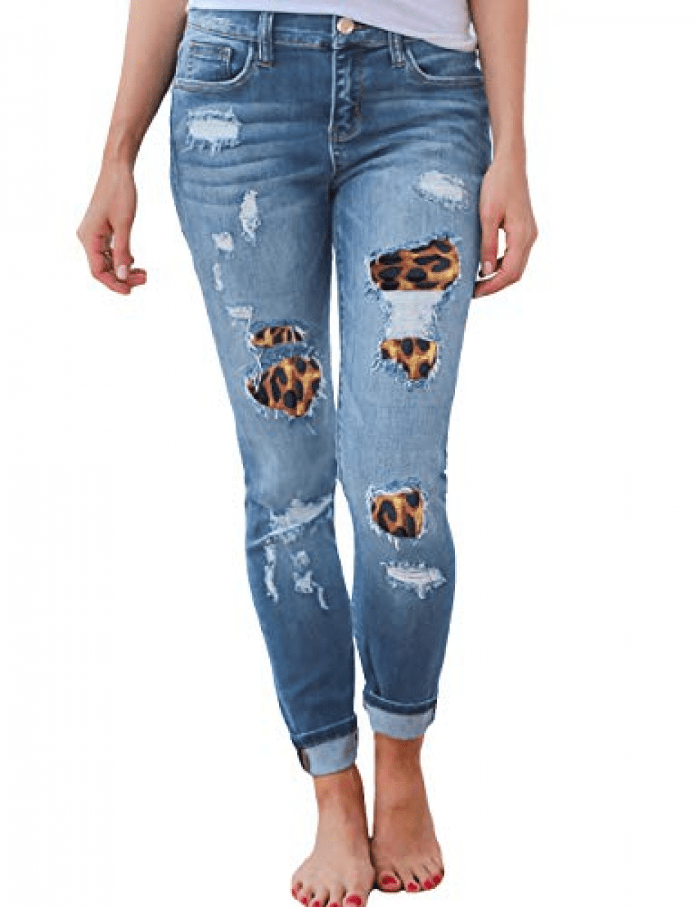 Sidefeel Women Distressed Skinny Jeans Leopard Stitching Ripped Denim Jeans 