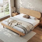 King Size Bamboo Platform Bed with Round Shape Headboard and Little Footboard, Solid Bamboo-made Bed Frame with Support Slats, Full/Queen/King Bed Frame for Bedroom, Guest Rooms, Dorms, Natural