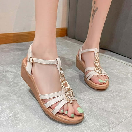 

jjayotai Women Shoes Clearance Women s Fashion Wedge Sandals Heart Decoration Thick Bottom Solid Color Buckle Sandals Rollbacks Beige