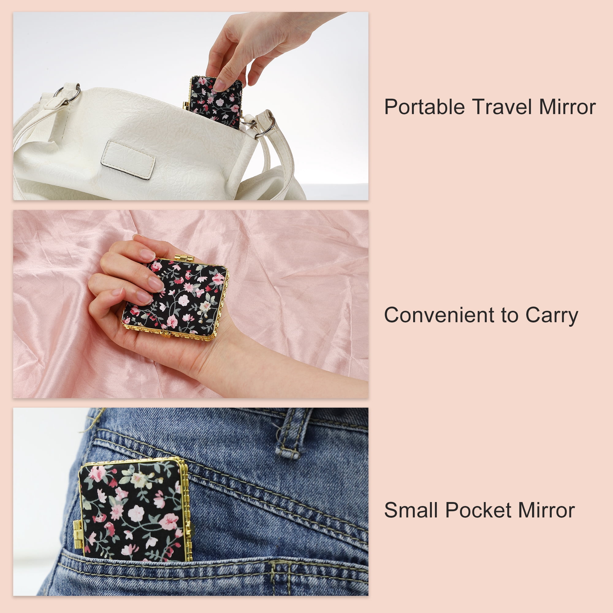 Unique Bargains Flower Square Pocket Mirror Black