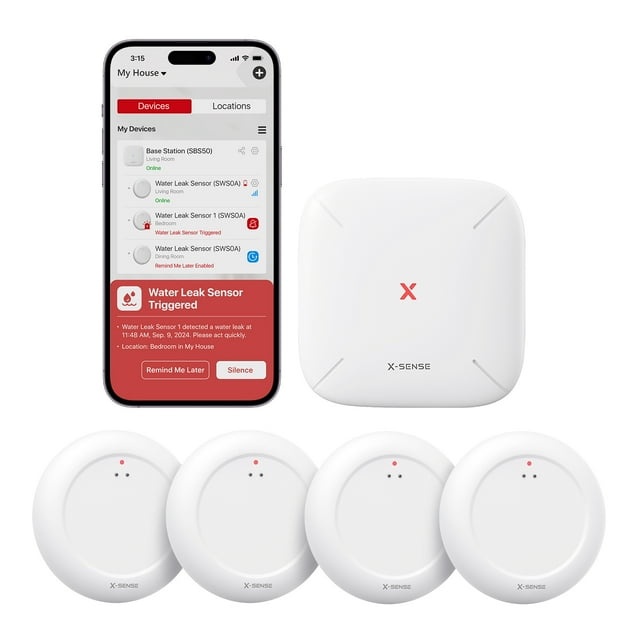 X-Sense Wi-Fi Water Leak Detector Kit, Smart Water Sensor Alarm with App Alerts and Ultra-Slim Design, Water Alarm Leak Detector for Basements, 4 Water Sensors and 1 Base Station