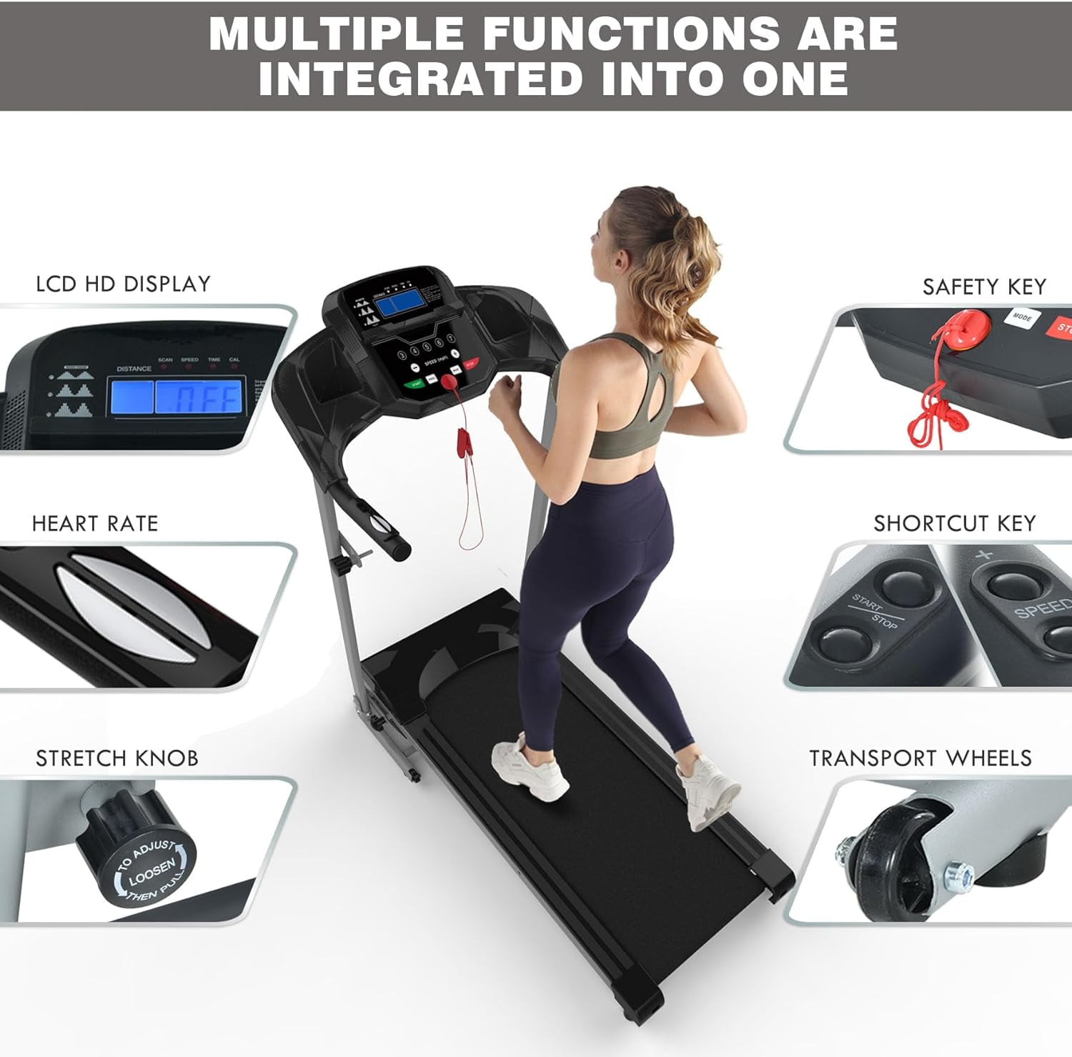 Foldable Treadmills for Home and Office,2.5hp Horsepower 220lbs Weight Bearing Portable Folding Treadmill, Adjustable Display, 3Pre Set Programs, Heart Rate Sensor