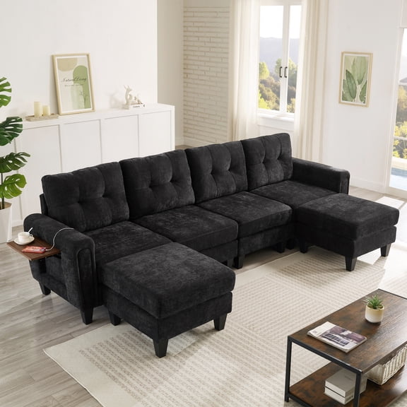 Modern Sectional Sofa 115" U-Shaped Sofa Upholstered Sofa Couch with Two Movable Ottomans, USB Ports and Side Tables for Living Room (Black)