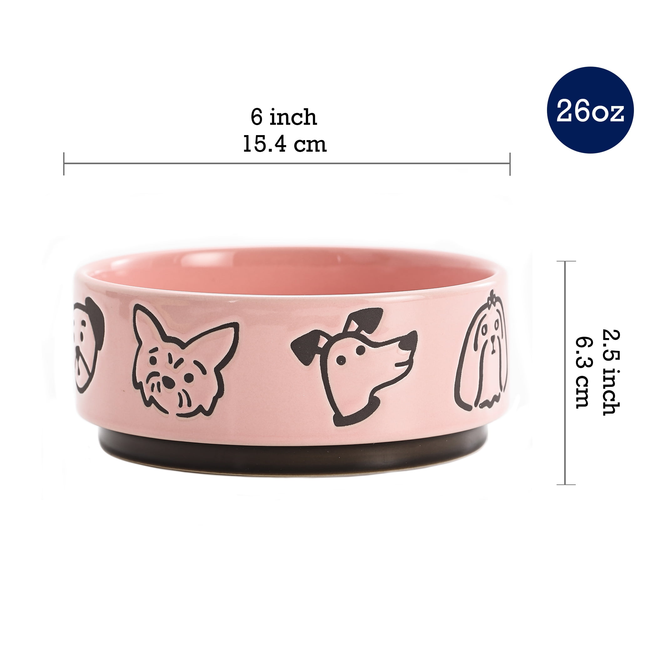Bico Cute Dog Face Pink Ceramic 26oz Pet Bowl, for Medium Size Dog, Puppy, Durable and Dishwasher Safe Stoneware