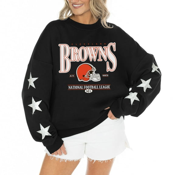 Women's Gameday Couture Black Cleveland Browns Rhinestone Star Sleeve Settle the Score Oversized Tri-Blend Pullover
