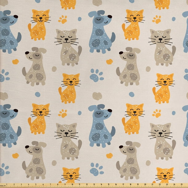 Pets Fabric by The Yard, Kittens Pattern Friends Dogs Puppy Paws