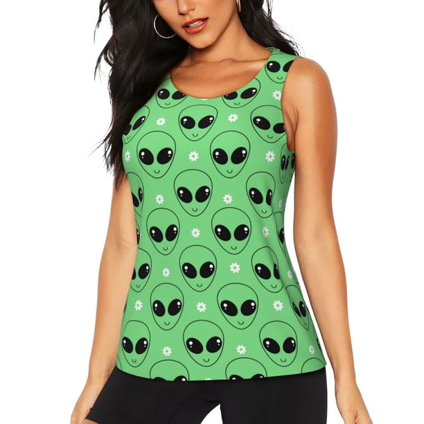 Fotbe alien cartoons Blusas Sin Mangas para Mujer – Estilo Casual, Corte Suelto, Slim-Fit, Cuello Redondo Deportivo, Tops de Verano para Gimnasio y Yoga-Small