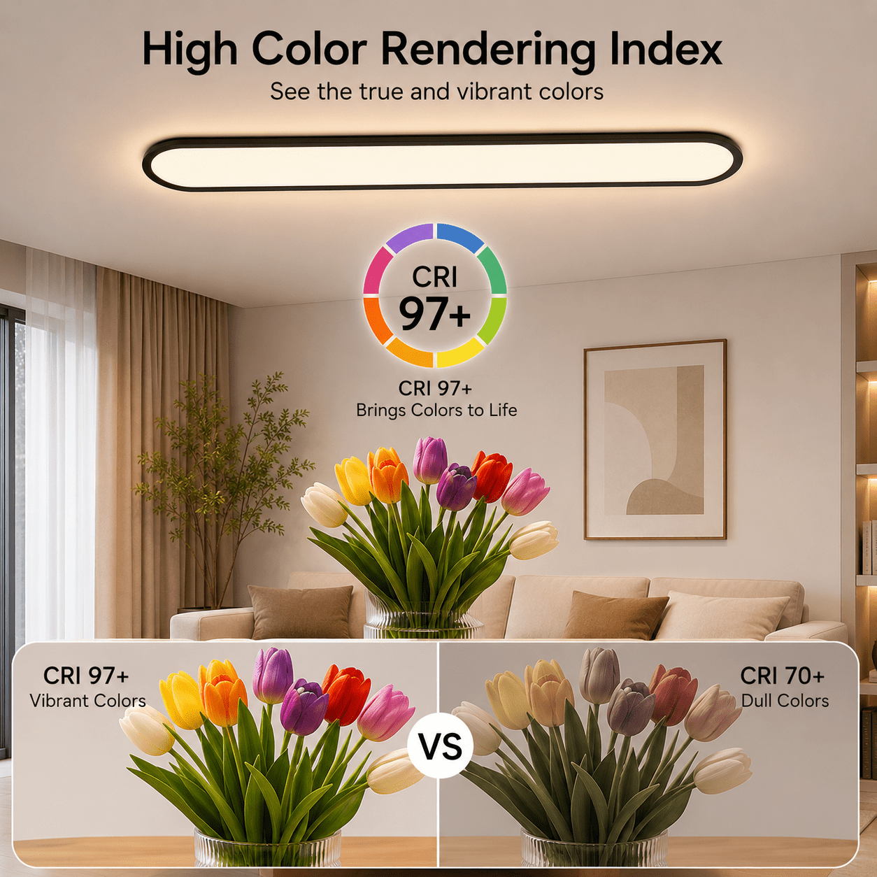 Garwarm 47.24" Linear LED Ceiling Light, 51W Dimmable Black Flat Panel Flush Mount Ceiling Lamp, Low Profile Lighting Fixture for Kitchen, Office, Hallway
