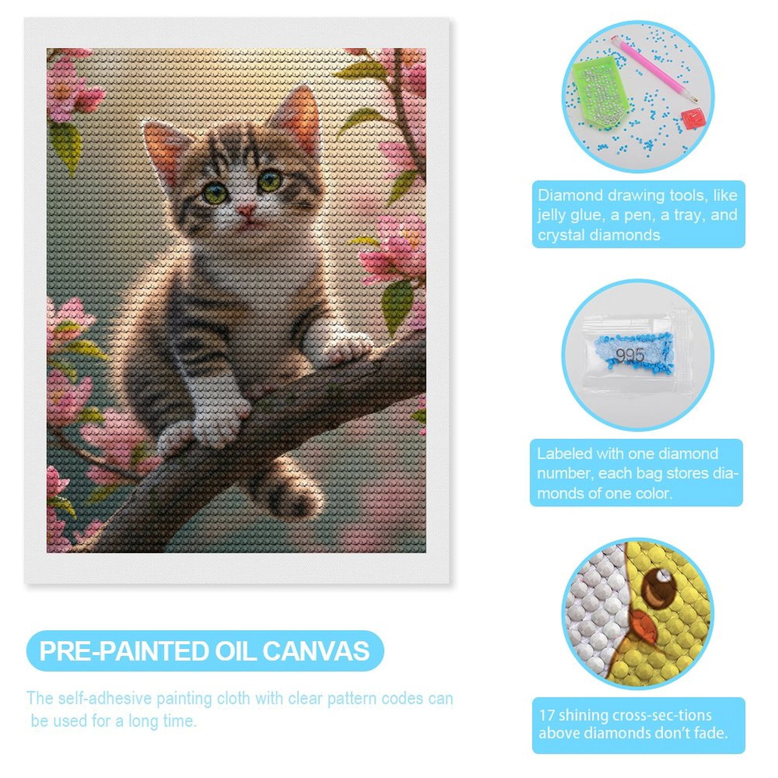 Diamond Art Kits for Adults, Cute Kitten Blossom Branch Springtime 5D Diamond Painting Kits for Adults Beginners, DIY Full Drill Diamond Painting, Gem Art and Crafts 12x16
