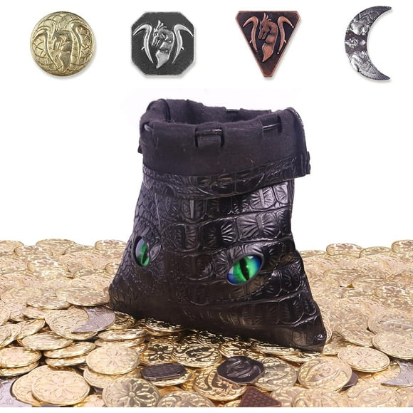 145PCS Métal DND Pièces & Sac en Cuir, Contient 60 Pièces d'Or, 40 Pièces de Ruban, 40 Pièces de Cuivre et 5pcs de Platine, Jetons avec Lueur dans le Sac Yeux de Nuit pour les Jeux de Table RPG