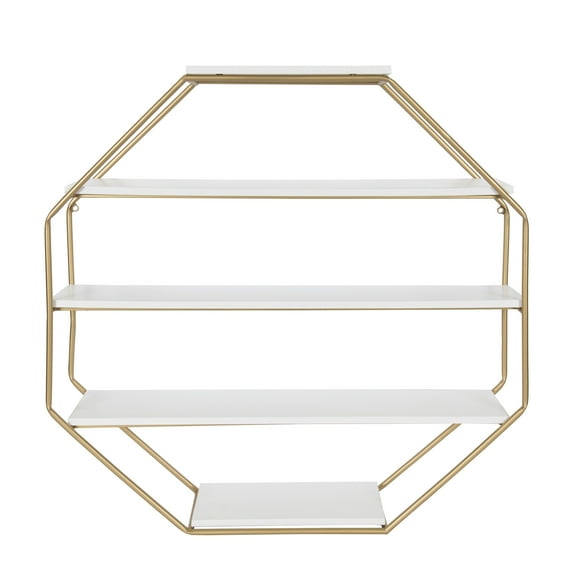 Kate and Laurel Lintz Large Octagon Shaped Floating Wood Book Shelves for Decorative Wall Storage, Black Metal Frame with White Shelves