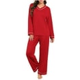 thumbnail image 3 of V-Neck Long Sleeve Pajama Set Women's Casual Loose Lounge Pants Set, Buttery Soft Solid Color Sleepwear, Loungewear Two Piece Set, Mother's Day Gifts for Women | CSEONE,Red XL, 3 of 9