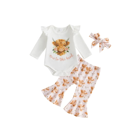 RUINIXCW Baby Girl Fall Outfits Cow Print Long Sleeve Romper Flare Pants Headband