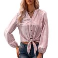 thumbnail image 1 of Camisa a rayas con cuello en V y dobladillo anudado a rayas verticales, Top corto con lazo de fibra de poliéster para mujer, fiesta al aire libre, rojo vino L, 1 of 6
