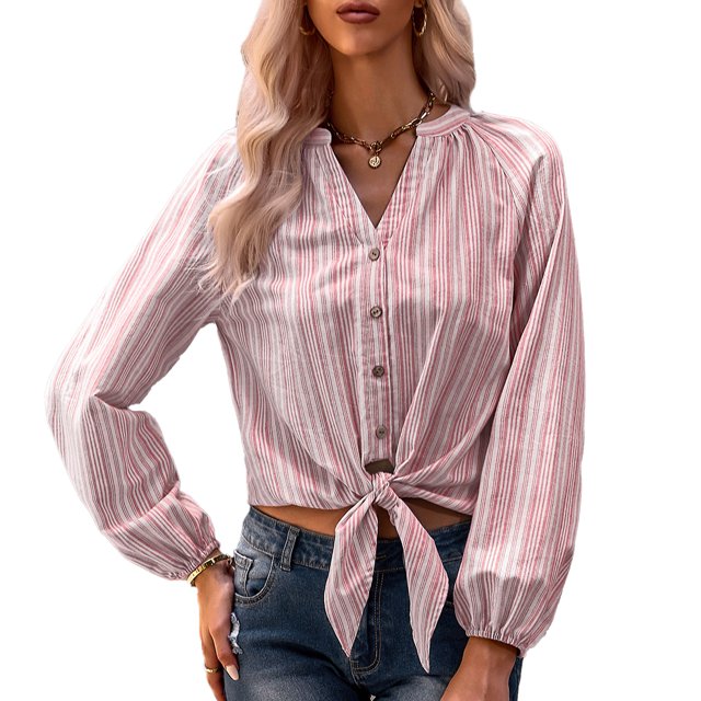 Camisa a rayas con cuello en V y dobladillo anudado a rayas verticales, Top corto con lazo de fibra de poliéster para mujer, fiesta al aire libre, rojo vino L