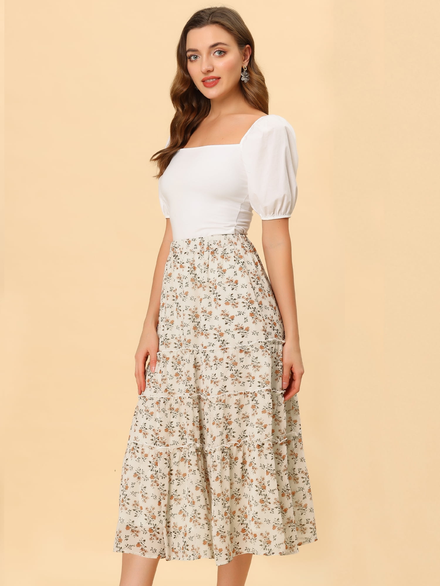 DARING DIVA Women's Chiffon Tiered A-Line Maxi Skirt XL White A