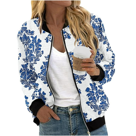 Dasayo Boho Coats for Women Full-Zip Bomber Blue Jackets Fashion Light Floral Streetwear Jackets for Women Trendy L