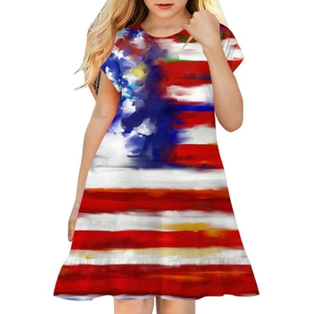 

OJinShaWanO Toddler Dresses Toddler Kids Girl Fourth Of July Independent Day Star Stripes Prints Short Sleeves Party Princess Dress Pink Polyester Spandex 4-5 Years