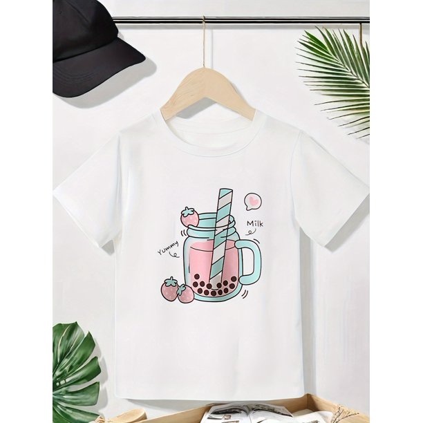 Camiseta de punto de algodón suave para niña - Cuello redondo informal con estampado de té de burbujas y fresas. Cómoda camiseta de verano, roja, 95 % algodón. Lavar a mano o en seco. Camisetas de al