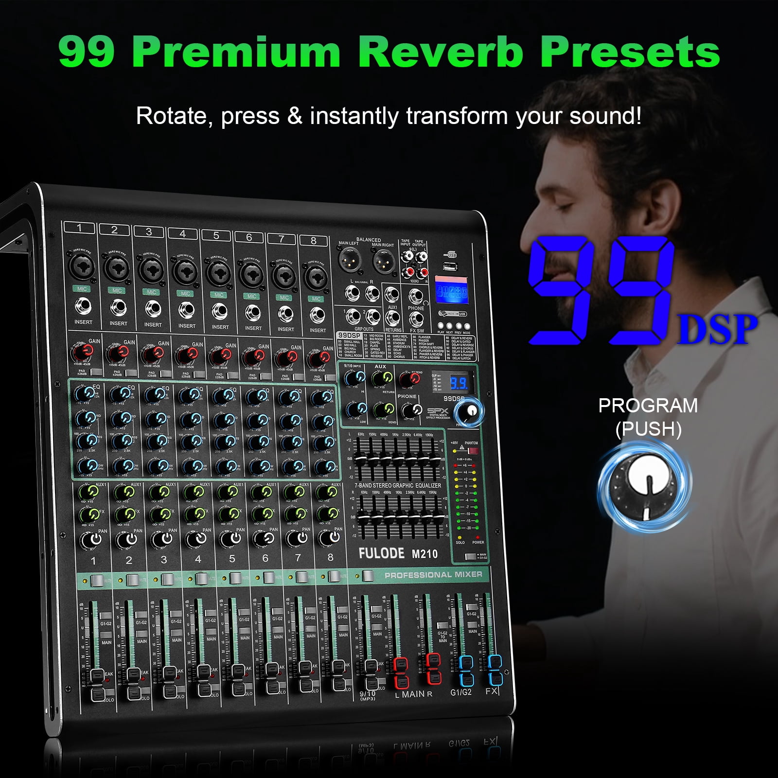 10 Channel Mixer Audio, Professional Music Sound PA Mixer DJ Mixing Board Console with 99 DSP Effects, Dual 7-Band EQ, Bluetooth, USB Interface, PAD, MUTE Button for Recording Stage Karaoke