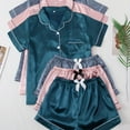 thumbnail image 1 of 3 Sets Satin Pajama Set, Short Sleeve Lapel Top & Bow Shorts, Women's Sleepwear & Loungewear, 1 of 5