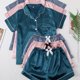 thumbnail image 1 of 3 Sets Satin Pajama Set, Short Sleeve Lapel Top & Bow Shorts, Women's Sleepwear & Loungewear, 1 of 5