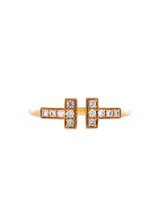 Pre-Owned T Wire Ring 18K Rose Gold with Diamonds By Rebag