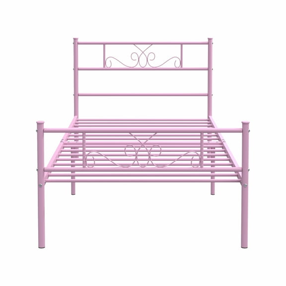 Yoneston Twin Size Gilrs Metal Platform Bed Frame with Headboard for Kids, Teens, Adult Bedroom Furniture, Pink