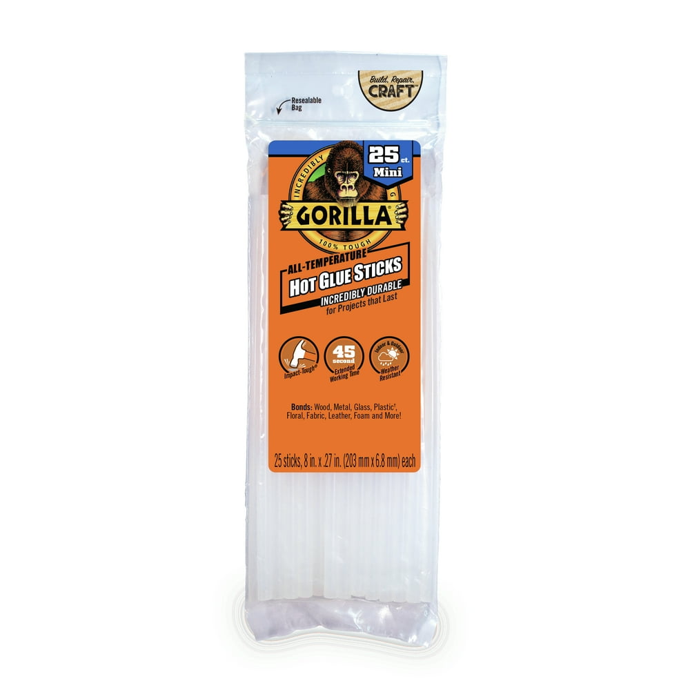 Gorilla Glue Clear 8" Dual Temp Mini Hot Glue Sticks, 25 Count