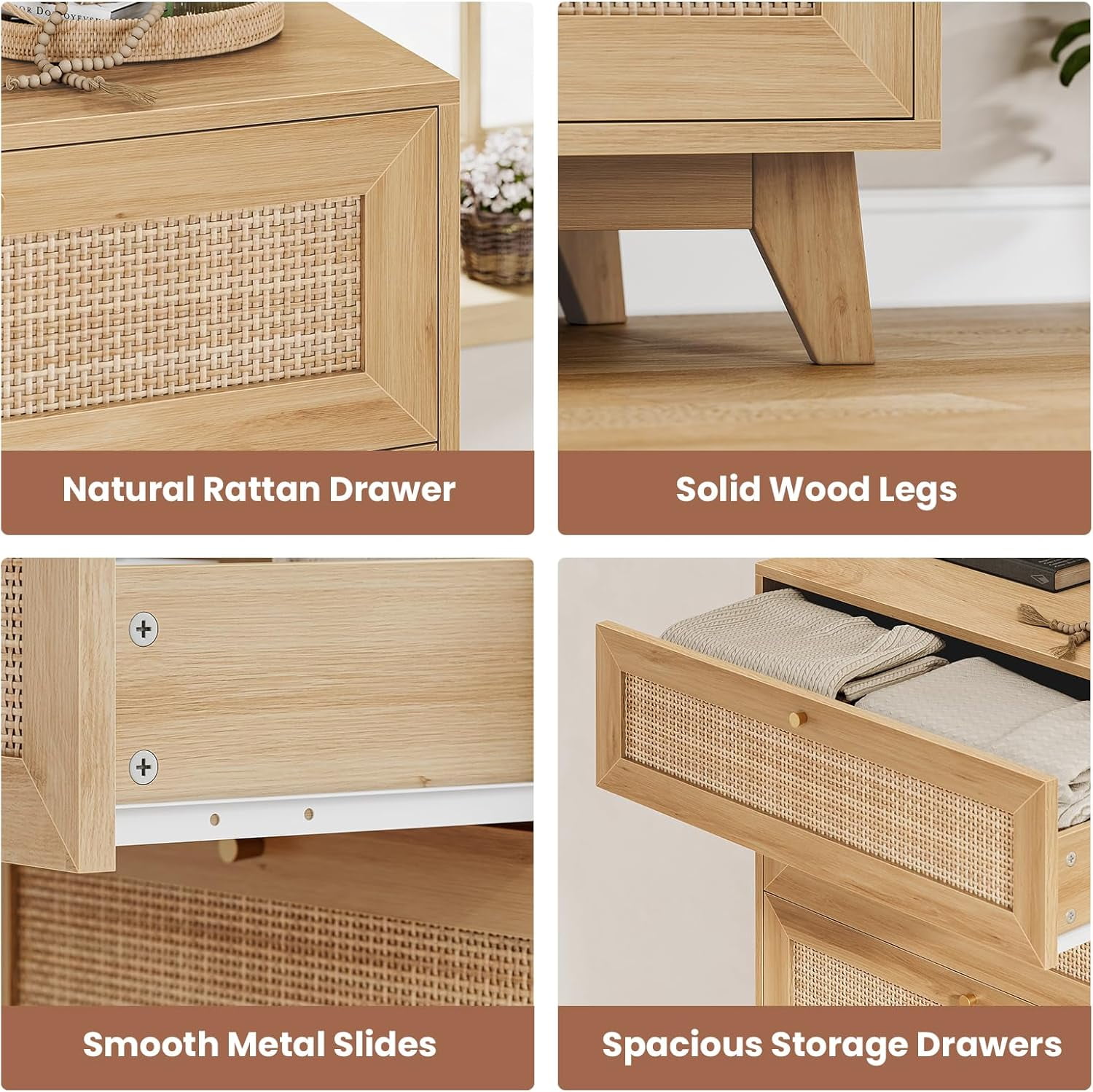 Rattan Nightstand with Charging Station & 3 Drawers, Boho Bedside Table for Bedroom