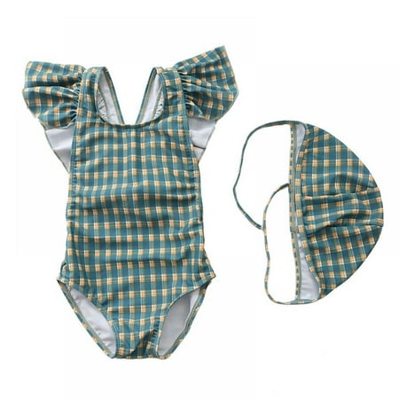 

Baozhu Kids Toddler Baby Girl One Piece Ruffle Swimsuit Beach Wear Swimwear Bathing Suits with Swim Hat 1-7T