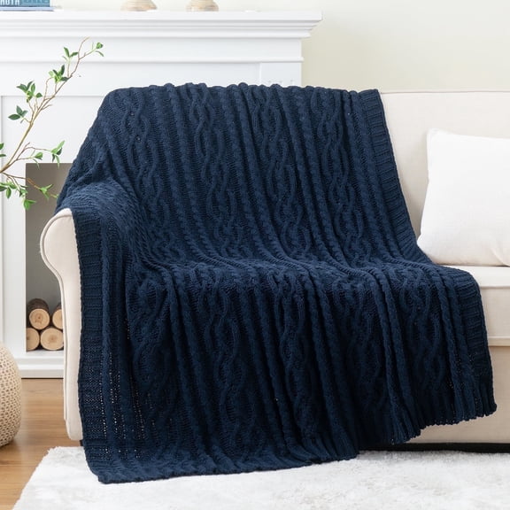 Battilo Navy Blue Throw Blanket,Cozy Woven Chenille Cable Knit Throw,Blue Blanket for Couch,51"x67"