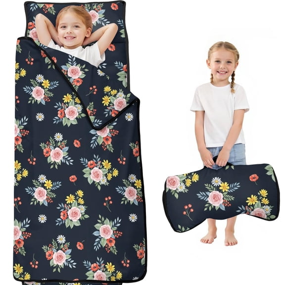 Pioneer Flower Floral Print Pattern Teens Toddler Nap Mat with Pillow, Sleeping Mat Bag for Preschool Daycare 59"x22"