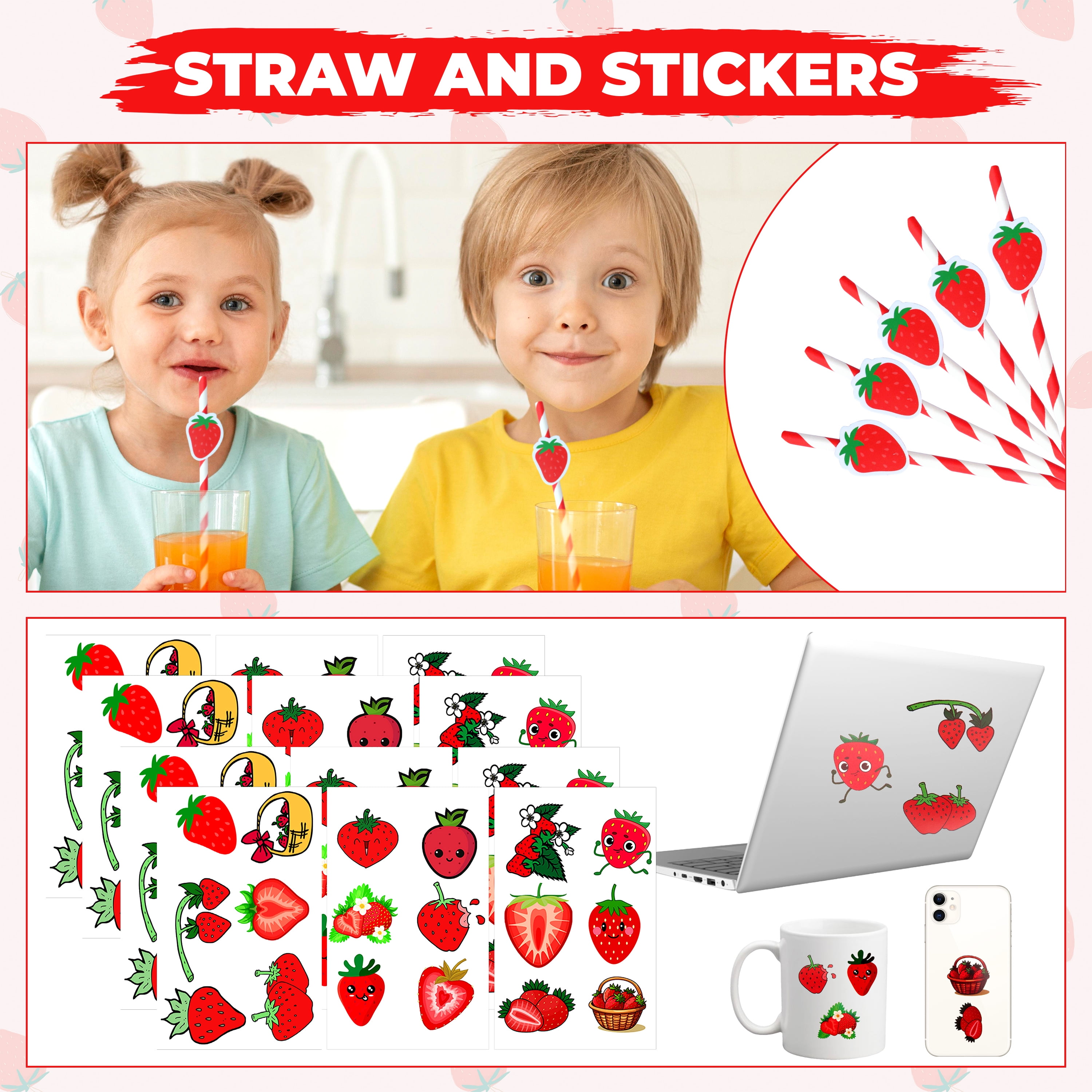 Strawberry Party Favor 84 PCS Sweet Berry Slap Treat Box Bracelets DIY Stickers Stampers Keychain Paper Straws Gift Rewards for Kids Girls Birthday Supply