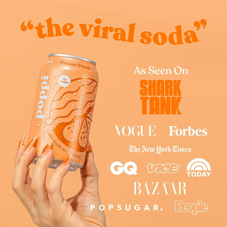 poppi Orange Cream Prebiotic Soda, 12 oz Can, Low Sugar, ACV