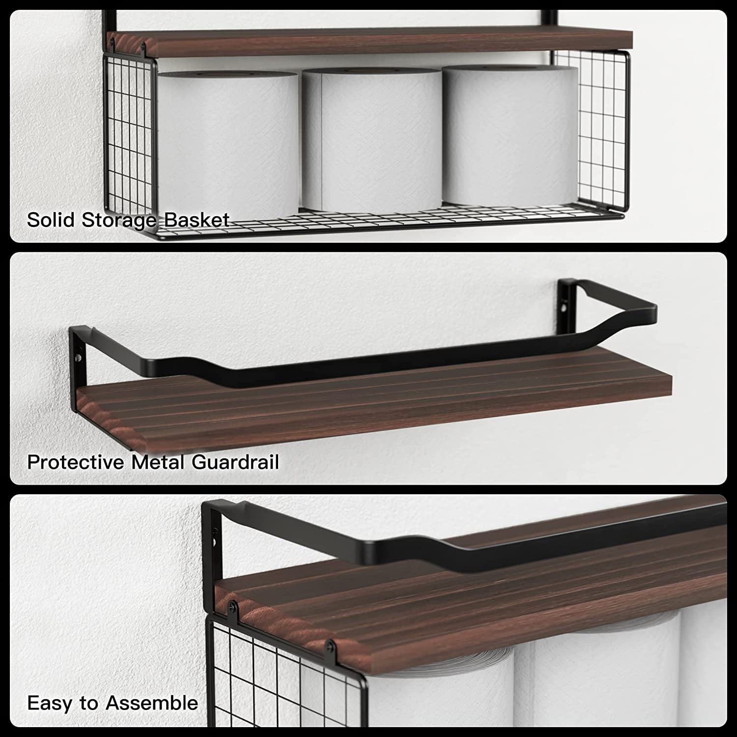 Floating Shelves with Wire Storage Basket, Bathroom Shelves Over Toilet, Set of 2