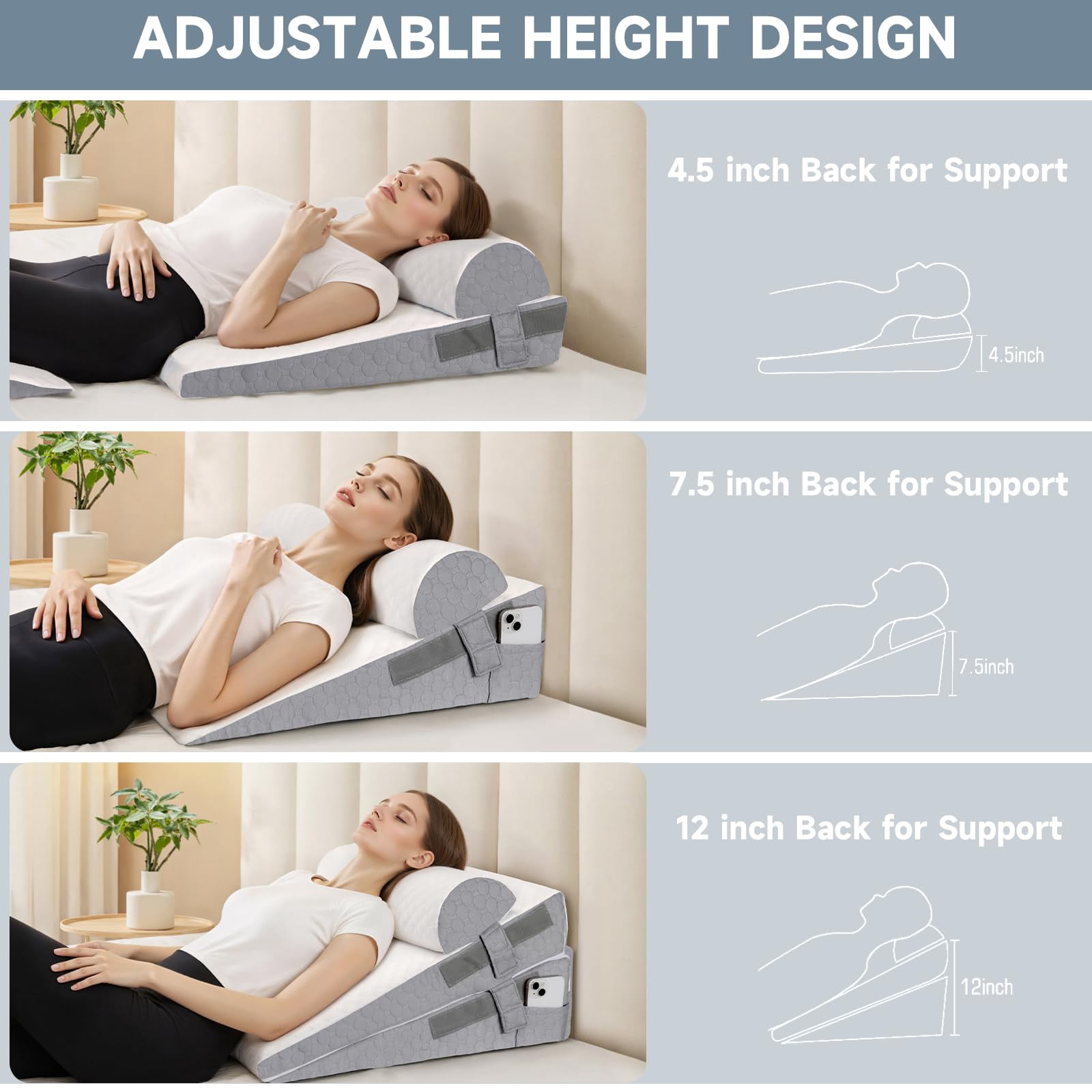 Bed Wedge Pillow For Sleeping  3 Adjustable Height 4.5&7.5&12 Inch Triangle Acid Reflux (dark Gray)