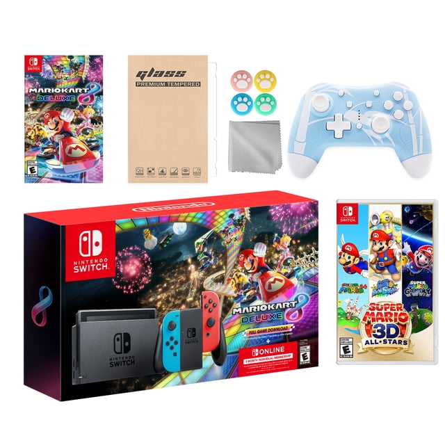 Nintendo Switch Mario Kart 8 Deluxe Bundle: Red/Blue Console, Mario Kart 8 & Membership, Super Mario 3D All-Stars, Mytrix Wireless Pro Controller Blue Bamboo and Accessories