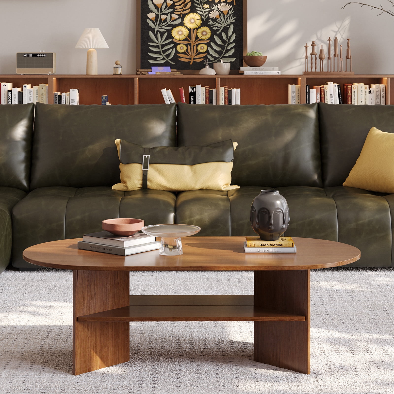 Gelloan 47" Modern Coffee Table,Oval Coffee Table,Double-layer Coffee Table with Sturdy Pedestal for Apartment,Living Room,Bedroom,Walnut