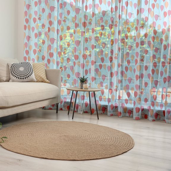 Cartoon Tulle Curtains with Rod Pocket, Bunny Girl and Balloons Flying with Her Rabbit Illustration, Sheer Drape for Wedding Party 2 Panels, 7 Sizes, Multicolor, by Ambesonne