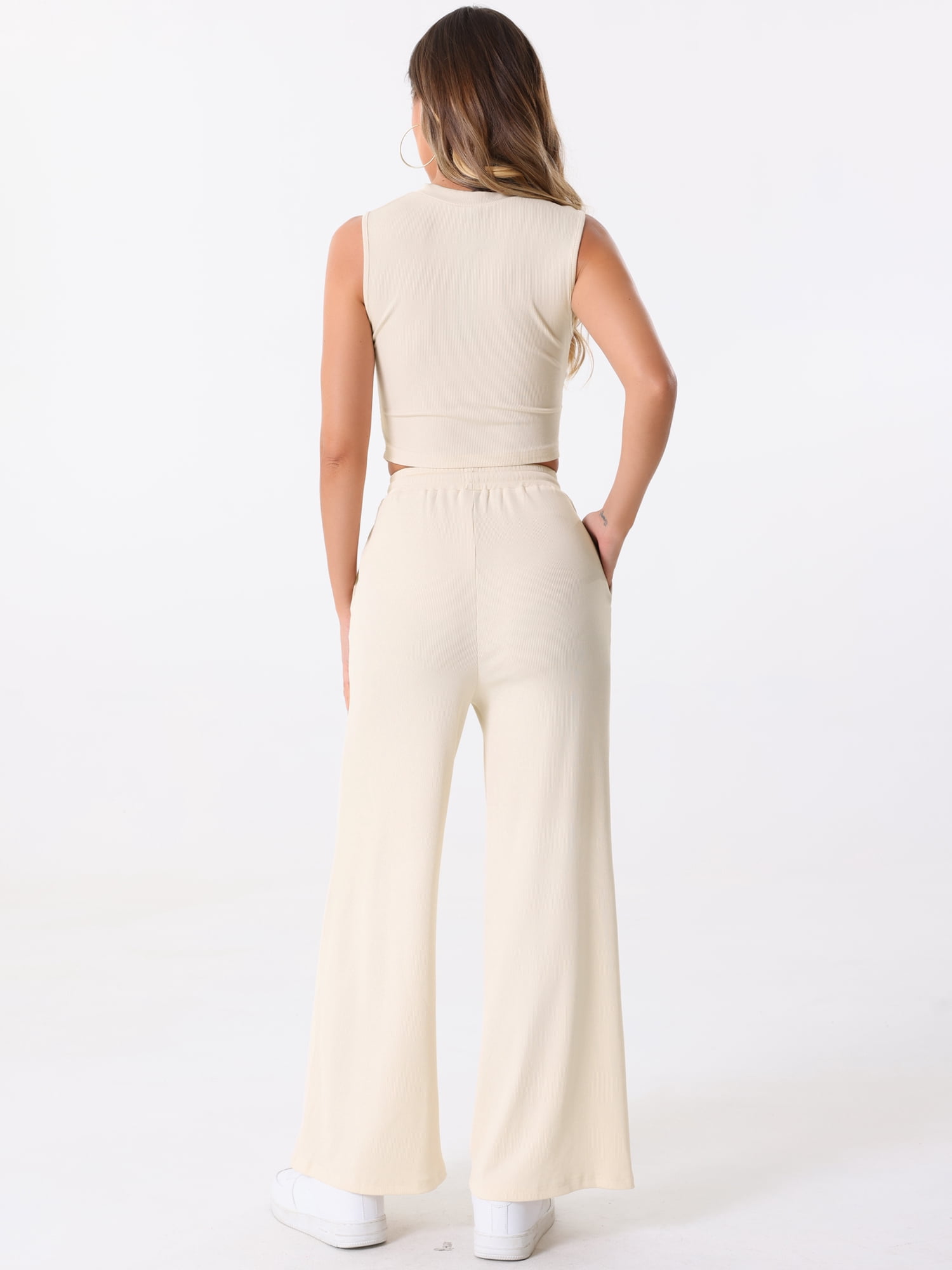 DARING DIVA Women's 2 Piece Sets Crew Neck Crop Tank Wide Leg Pants M Apricot