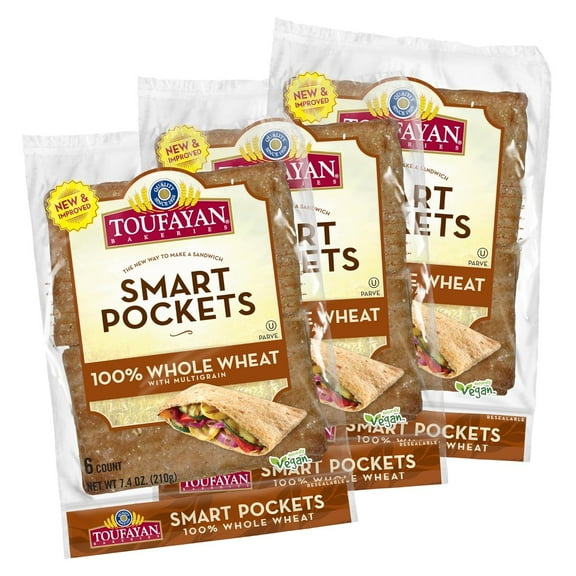 Toufayan Whole Wheat Smart Pockets Pita Bread | Naturallyy Vegan (3 Pack)